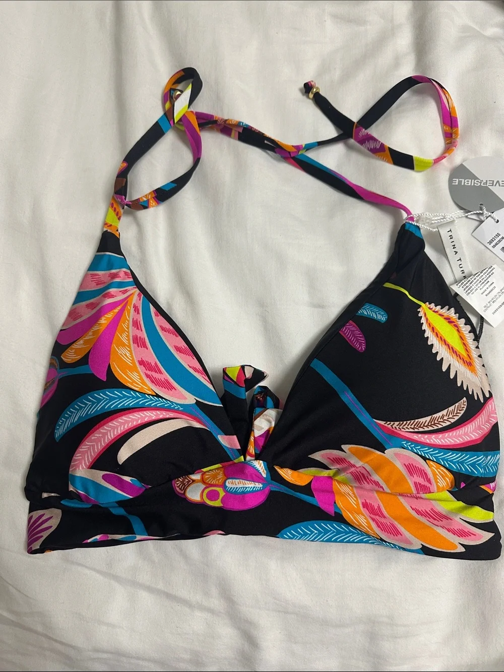 Trina Turk Black Multicolor Feather-Print Bikini Top - Picture 3 of 6
